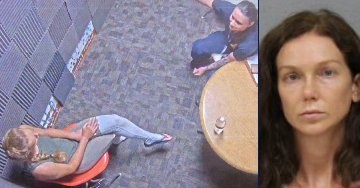 Left: Kaitlin Marie Armstrong is interviewed by police (via court filing). Right: Armstrong's booking photo after her arrest in Costa Rica (via Austin Police Department).