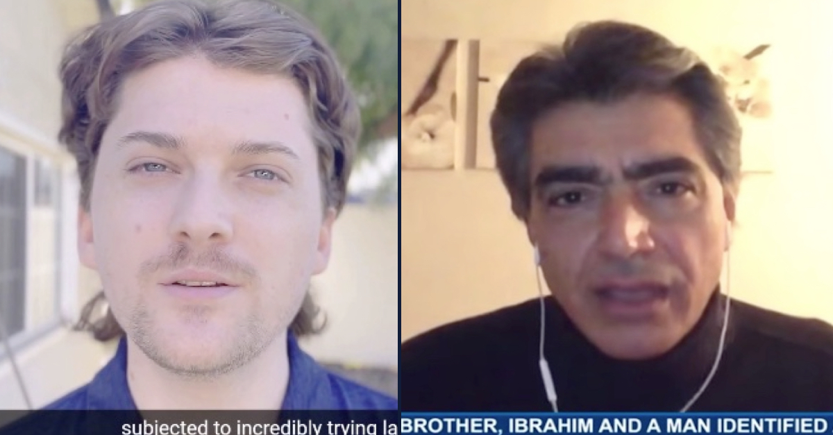 Left: Reporter Scott Stedman is seen in a fundraising video for his defense against a defamation lawsuit brought by a British businessman. Right: Mark Rossini is seen during an appearance on Newsmax in 2016.