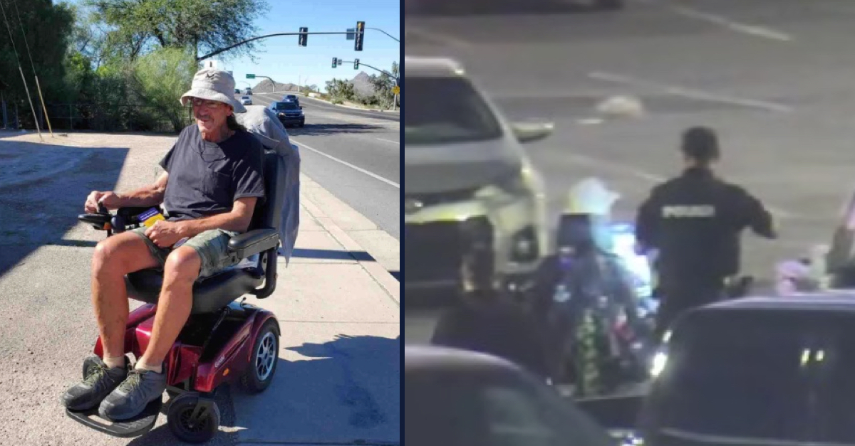 Left: Richard Lee Richards in his mobility scooter (via GoFundMe). Right: security footage of Ryan Remington following Richards in the parking lot prior to the shooting (via Tucson Police Dept.).