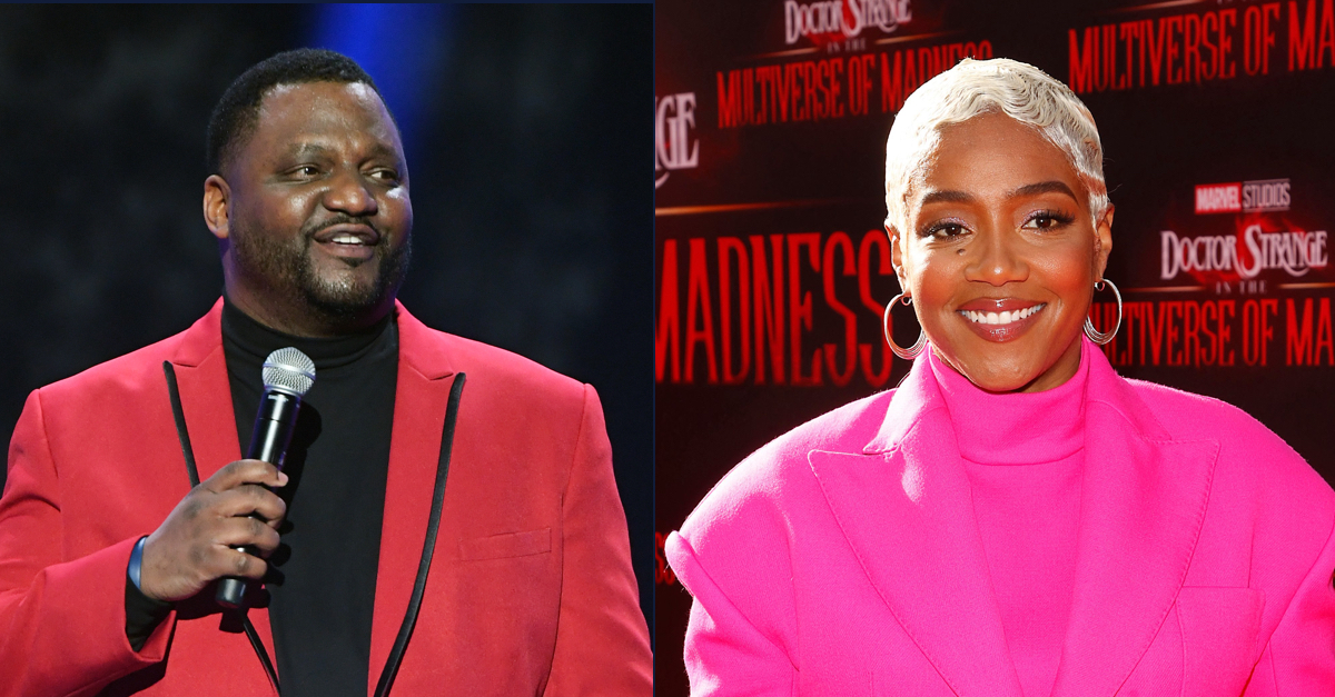 Left: Aries Spears, wearing a red jacket, speaks into a microphone while hosting the 2020 Adult Video News Awards in Las Vegas on Jan. 25, 2020 (by Ethan Miller/Getty Images). Right: Tiffany Haddish, wearing a neon pink outfit, is pictured arriving at the Los Angeles premiere of the movie "Doctor Strange in the Multiverse of Madness" on May 2, 2022 (by Michael Tran/AFP via Getty Images).