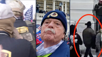 Left: the backs of Oath Keepers members, including Kelly Meggs (with patches on vest or backpack); Thomas Caldwell; Stewart Rhodes outside the U.S. Capitol on Jan. 6.