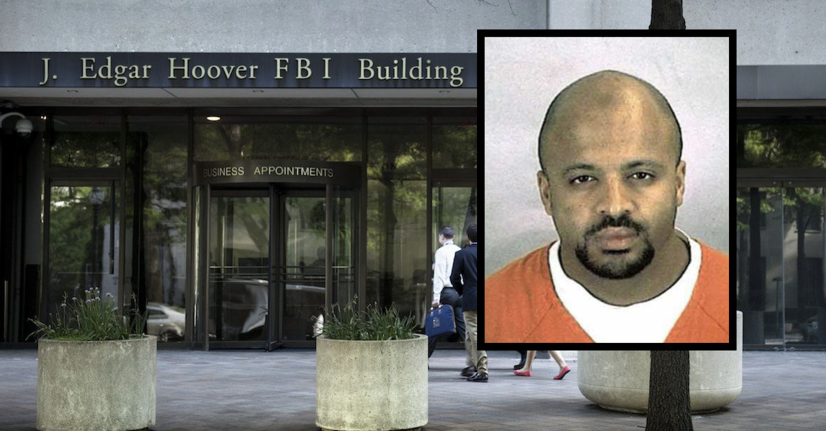 Zacarias Moussaoui appears in a mugshot inlaid with an image of the FBI Building in Washington DC