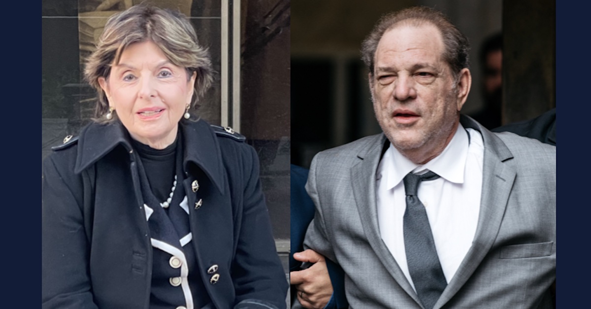 two photos, one of Gloria Allred and one of Harvey Weinstein