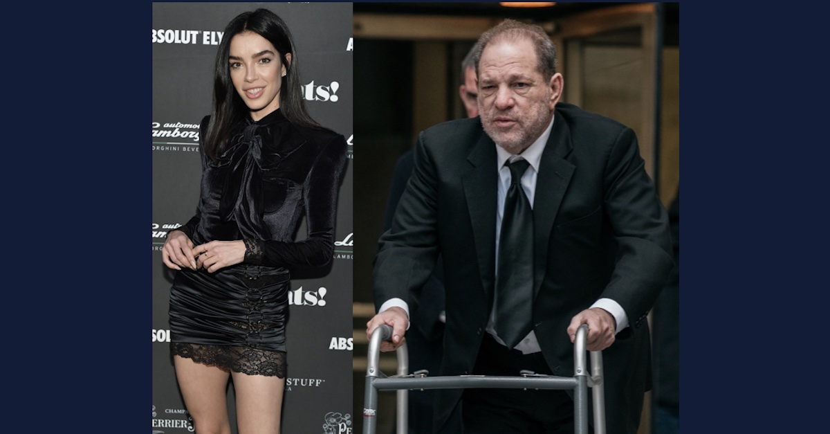 Two photos, one of Claudia Salinas in a black dress and one of Harvey Weinstein in a suit with a walker