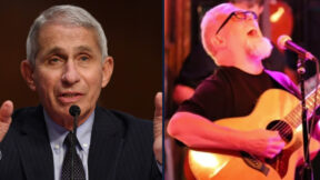 Left: Anthony Fauci, wearing a dark jacket, dark tie, and light blue shirt, speaks into a microphone while gesturing with both his hands. He has gray hair and his eyebrows are raised as he speaks. Left: Musician Jimmy Dykes, wearing a black short-sleeved shirt and dark-rimmed glasses, sings into a microphone while playing an acoustic guitar. He has a robust white goatee on his chin.
