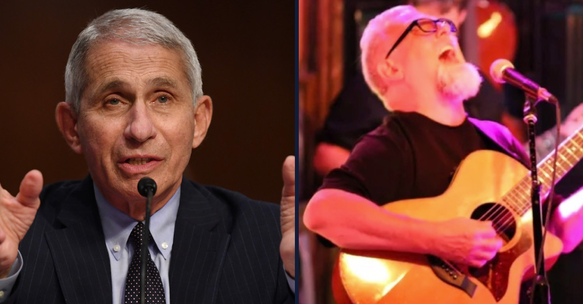 Left: Anthony Fauci, wearing a dark jacket, dark tie, and light blue shirt, speaks into a microphone while gesturing with both his hands. He has gray hair and his eyebrows are raised as he speaks. Left: Musician Jimmy Dykes, wearing a black short-sleeved shirt and dark-rimmed glasses, sings into a microphone while playing an acoustic guitar. He has a robust white goatee on his chin.