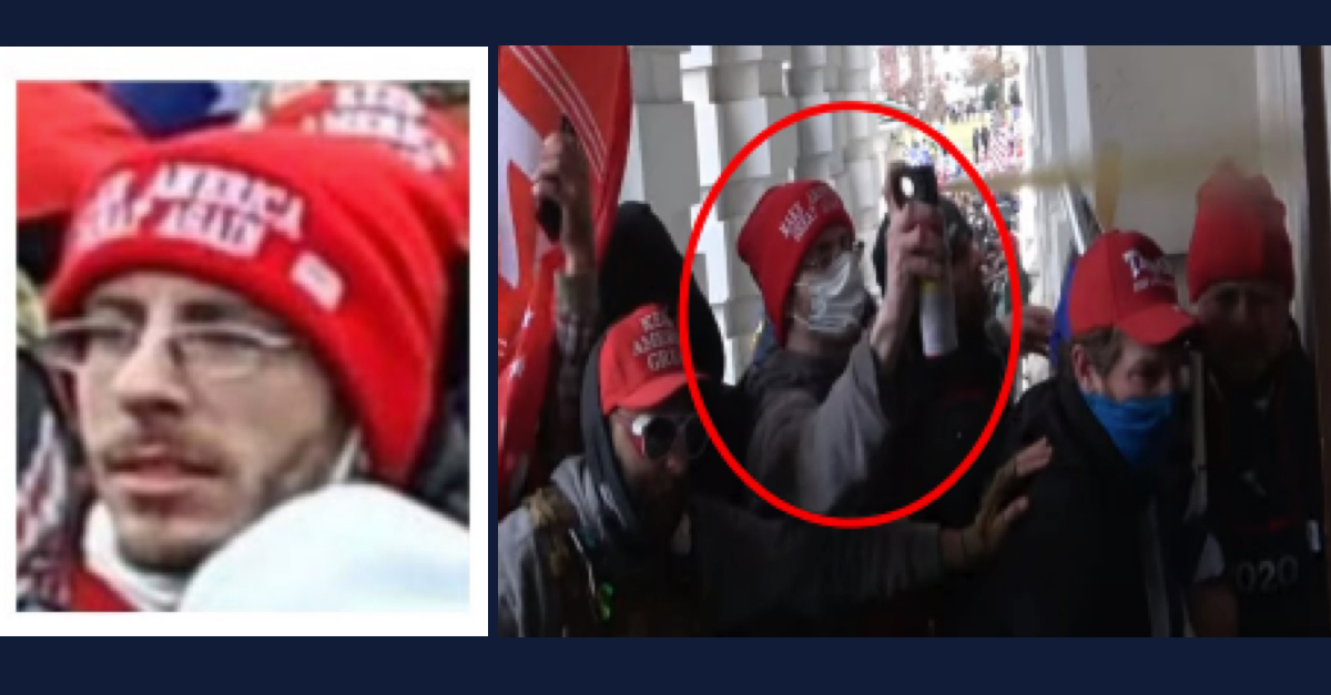 Left: Ryan Swoope is seen in a close-up picture. He is not looking directly at the camera. He is wearing rimless glasses and has brown stubble on his pale face. He is wearing a red winter hat that says "Make America Great Again." Right: Swoope's right hand is elevated and holding a can of chemical spray, which he is apparently deploying on a police officer at the Capitol on Jan. 6.