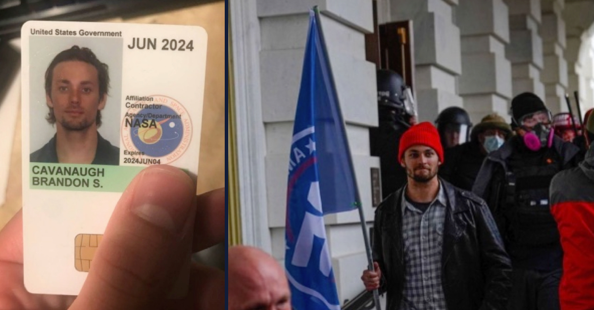 Left: Brandon Cavanaugh's NASA ID card is shown. Right: Brandon Cavanaugh, wearing a red knit hat and carrying a Trump flag, is seen at the U.S. Capitol building on Jan. 6, 2021.