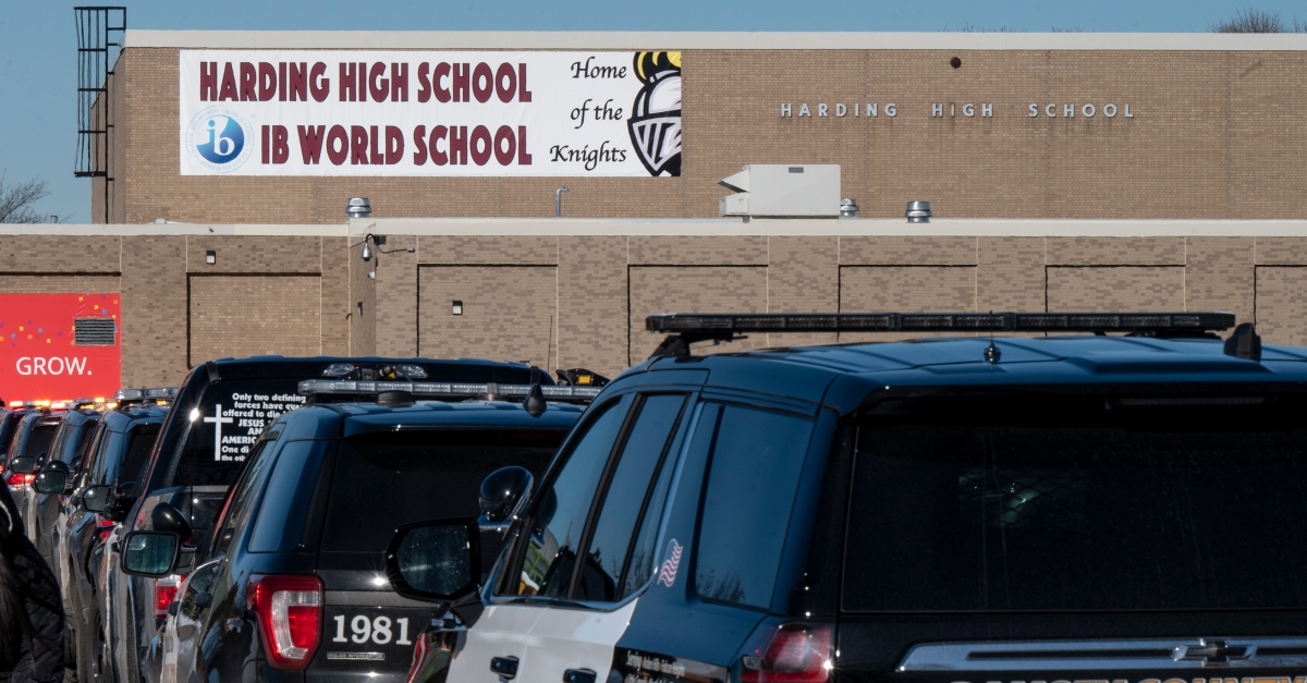Students leave Harding High School in St. Paul, Minn., on Friday, Feb., 10, 2023. A person was fatally stabbed at a high school, according to police. (Aaron Lavinsky/Star Tribune via AP)