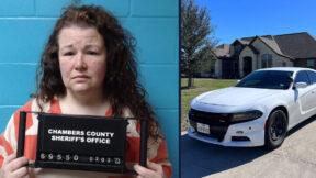 Left: Sarah Jean Hartsfield is wearing an orange-and-white striped shirt and holding an identifying placard with her name and booking information in is. She has long brown curly hair and is looking at the camera without smiling. Right: a white car from the Chambers County Sheriff's Office is parked in front of the Hartsfield home.