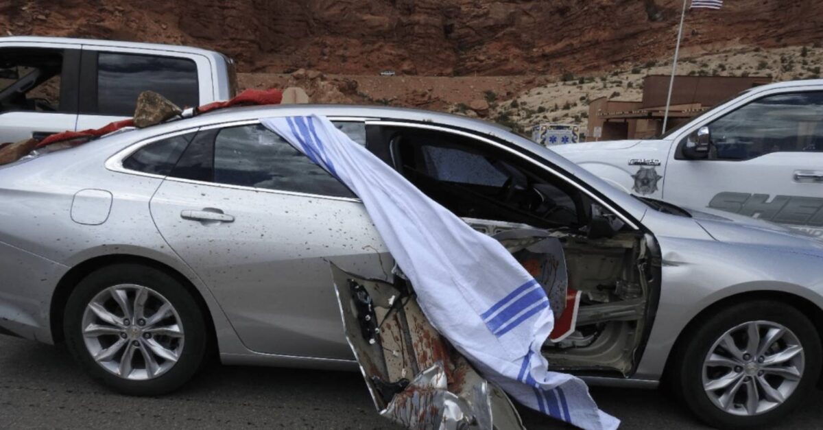 A Ugandan activist was decapitated when a metal gate pierced this vehicle in Arches National Park on Saturday, June 13, 2020. (Photo from court documents filed in federal court in Colorado)