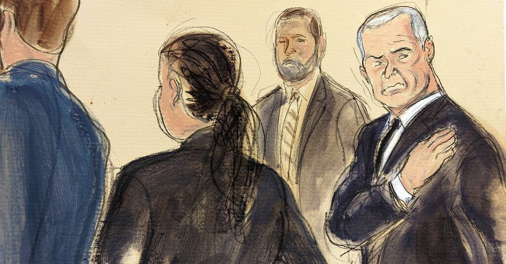 In this courtroom sketch, Genaro García Luna, right, puts his hand on his heart as he stands with his defense team, while the jury files out of the courtroom, Tuesday, Feb. 21, 2023, in federal court in New York. The former Mexican presidential cabinet member was convicted Tuesday of taking massive bribes to protect the violent drug cartels he was tasked with combating. A U.S. Marshal stands in the background. (AP Photo/Elizabeth Williams)