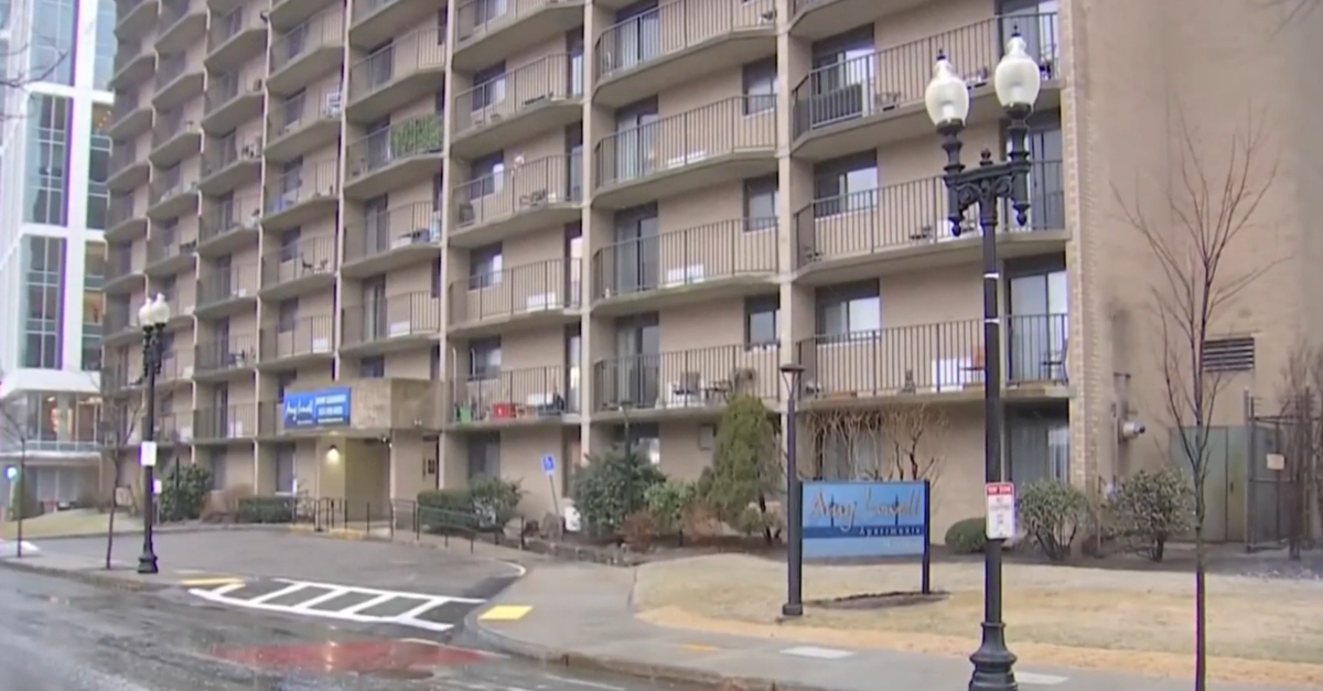 The Amy Lowell Apartments, where authorities said Dion Pelzer murdered David MacDonald in February 2023. (Screenshot: NBC Boston)