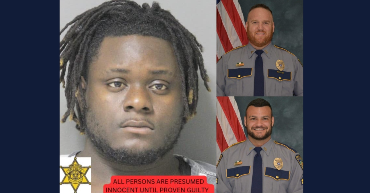 Deandre Dwayne Bessye led police on a high-speed chase, officers said. Sergeant David Poirrier (top right) and Corporal Scotty Canezaro (bottom right) died in a helicopter crash during the chase, cops said. (Mugshot of Bessye via West Baton Rouge Parish Sheriff's Office; images of Poirrier and Canezaro via Baton Rouge Police Department)