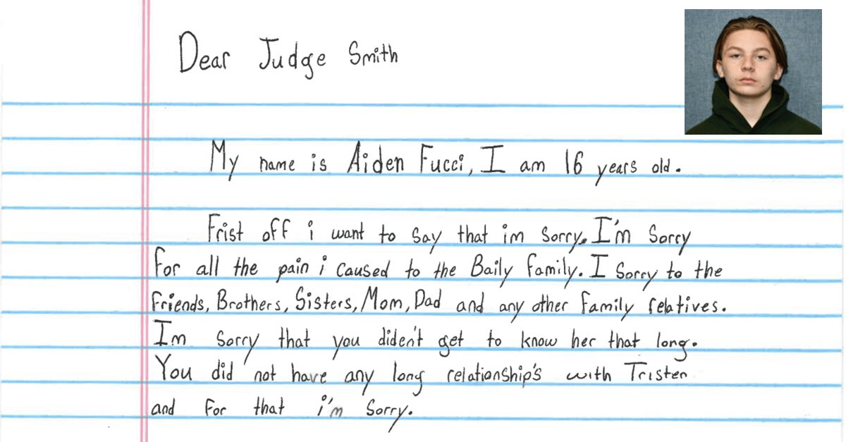 Aiden Fucci and the first part of his apology letter