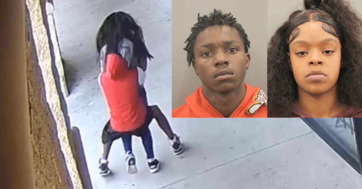 The figure at left body slammed and robbed Nhung Truong on Feb. 13, 2022, police said. Officers claim that's Joseph Harrell. Zy'Nika Ayesha Woods was in a nearby vehicle serving as the getaway driver, officers said. (Images: Houston Police Department)