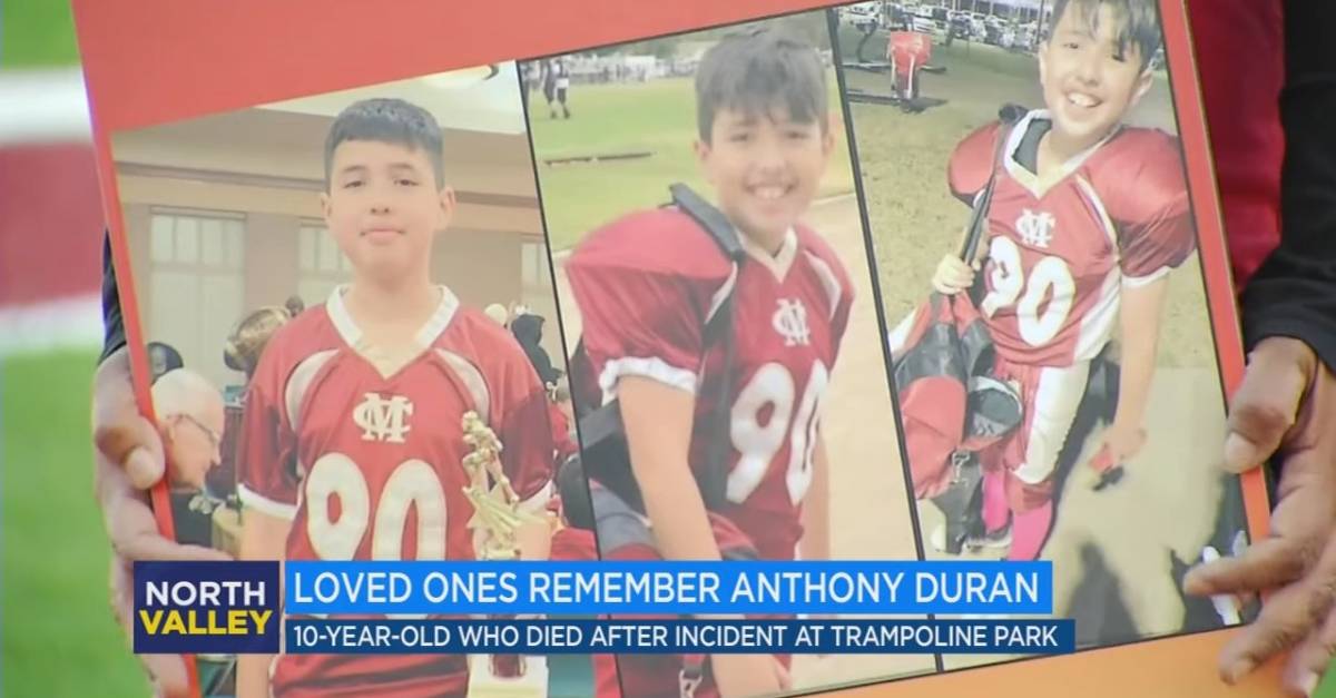 Mourners remember 10-year-old Anthony Duran, who died after a fight at a trampoline park in Merced, California.  (Screenshot from KFSN-TV, an ABC affiliate in Fresno, California)