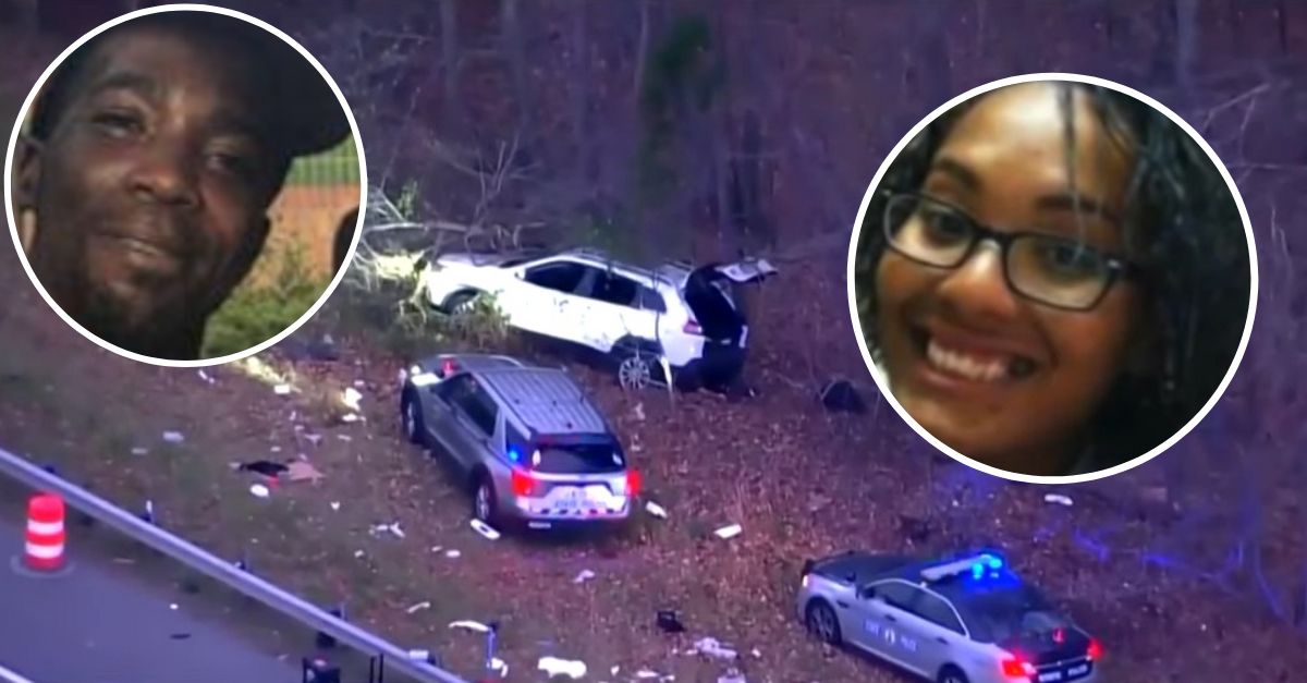 A missing woman allegedly kidnapped by her former parnter was found dead with an apparent bullet wound after a police pursuit ended in a crash and shootout with the alleged kidnapper in Virginia (Crash scene screenshot from CBS Richmond, Virginia affiliate WTVR Richmond, Virginia; victim and suspect photo from a screenshot from Prince William Times)