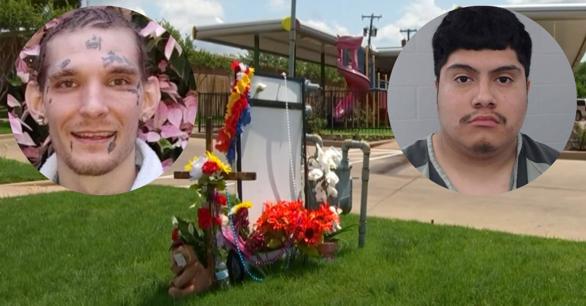 Angel Gomez, pictured at right, peed in a Sonic Drive-In parking lot, according to officers. Restaurant employee Matthew Davis, pictured left, confronted him, but a 12-year-old occupant of Gomez's car shot and killed Davis, cops said. (Image of Davis: courtesy of GoFundMe campaign; mugshot of Gomez: Keene Police Department; screenshot: KXAS)