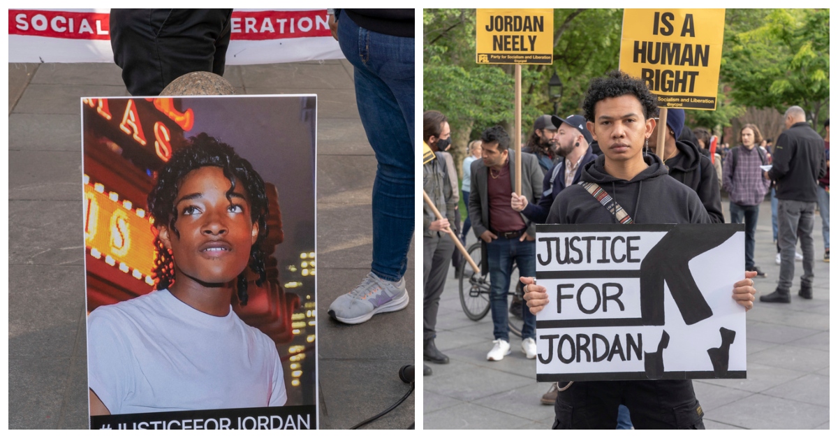 A picture of Jordan Neely seen as protesters gather at a "Justice for Jordan Neely" rally in Washington Square Park in New York City. According to police and a witness account, Neely died after being placed in a chokehold by a 24-year-old man on a subway train in New York City on Monday. Increasingly, activists call for the man who used the chokehold on Neely to be apprehended. (Photo by Ron Adar / SOPA Images/Sipa USA)(Sipa via AP Images)