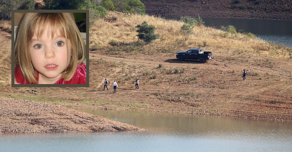 A police search team walk on the shore of the Arade dam near Silves, Portugal, looking for clues in the Madeleine McCann, who appears inset, on the left, disappearance.