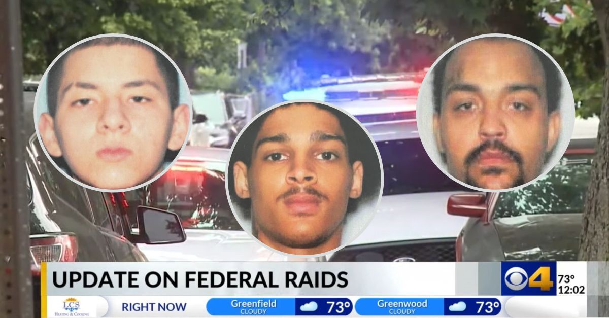 Federal authorities announced a crackdown on a drug and gun ring in Indiana on Friday, June 23, 2023. Inset photos from left: Joaquin Carranza, Jaraughn Bertram, and Jordan Sumner (Law enforcement handout mugshot photos; Crime scene screenshot from CBS4 Indy)