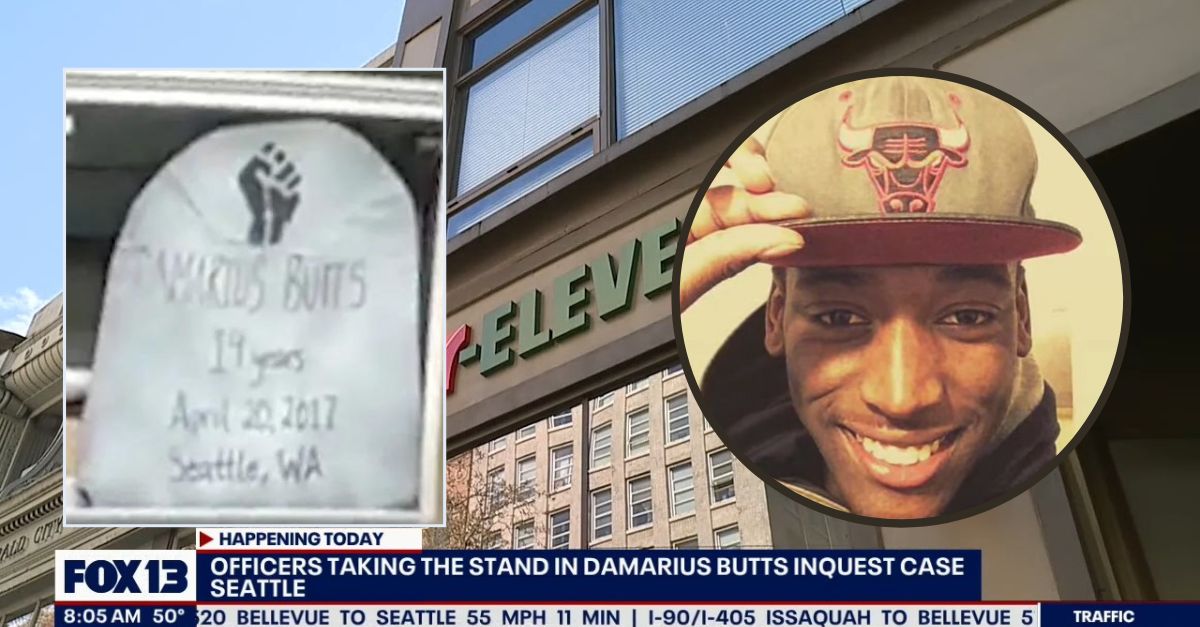 Damarius Butts, left inset, and a mock tombstone with his name (Crime scene screenshot and Butt's photo from FOX 13 Seattle; Mock tombstone screengrab from body camera video)