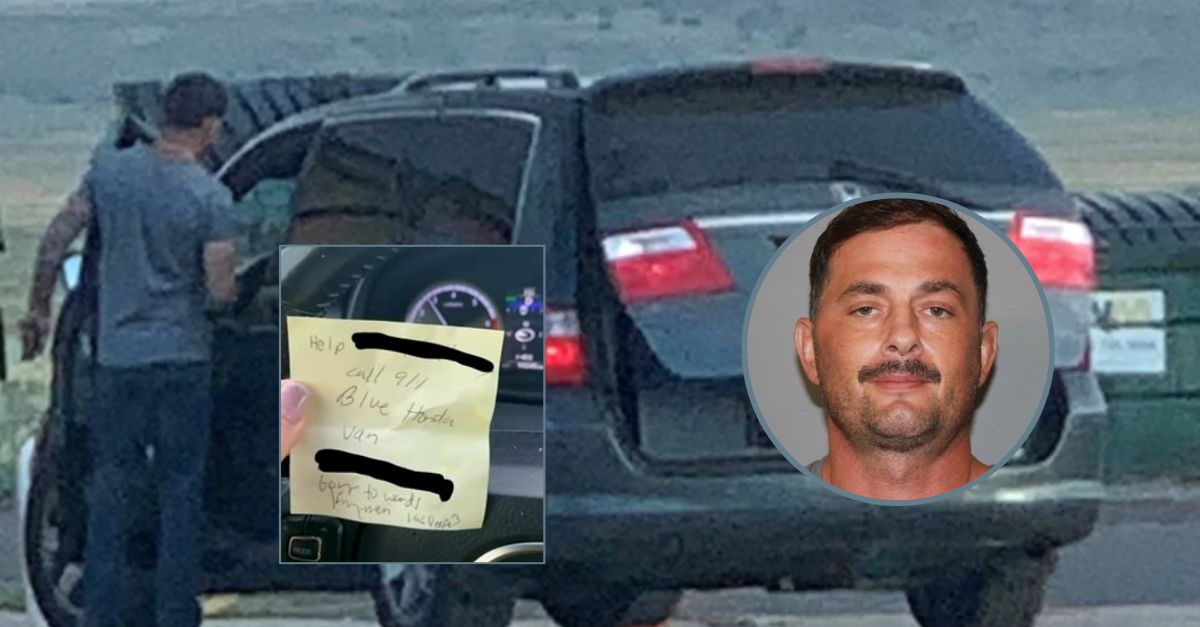 Jacob Wilhoit, seen in a mugshot photo inset and standing by a minivan, is accused of abducting a woman rescued after passing a note to a woman at a gas station in Arizona. (Photos from Yavapai County Sheriff's Office)