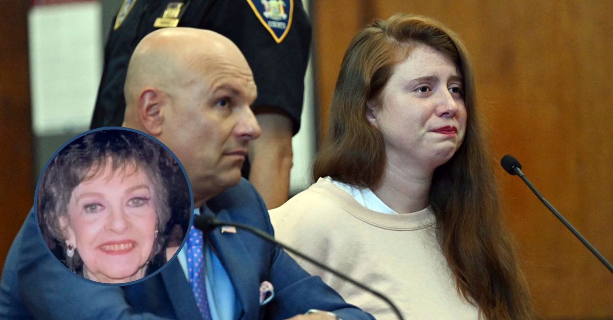 Lauren Pazienza appears in court with lawyer Arthur Aidala on Wednesday, Aug. 23, 2023, in New York. Panzienza, 28, who fatally shoved 87-year-old Broadway singing coach Barbara Gustern in Manhattan last year, pleaded guilty Wednesday to manslaughter in a plea deal requiring she serve eight years behind bars. (Courtroom photo from Curtis Means/Pool Photo via AP; Gustern screenshot from New York