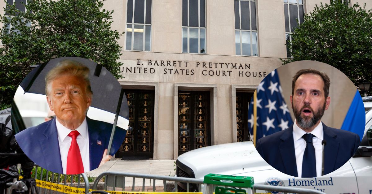 Appearing left to right, former president Donald Trump inset and Special Counsel Jack Smith inset right. Background photo features the E. Barret Prettyman Courthouse in Washington, D.C. where Trump was recently indicted for Jan. 6-related conspiracy and obstruction charges.