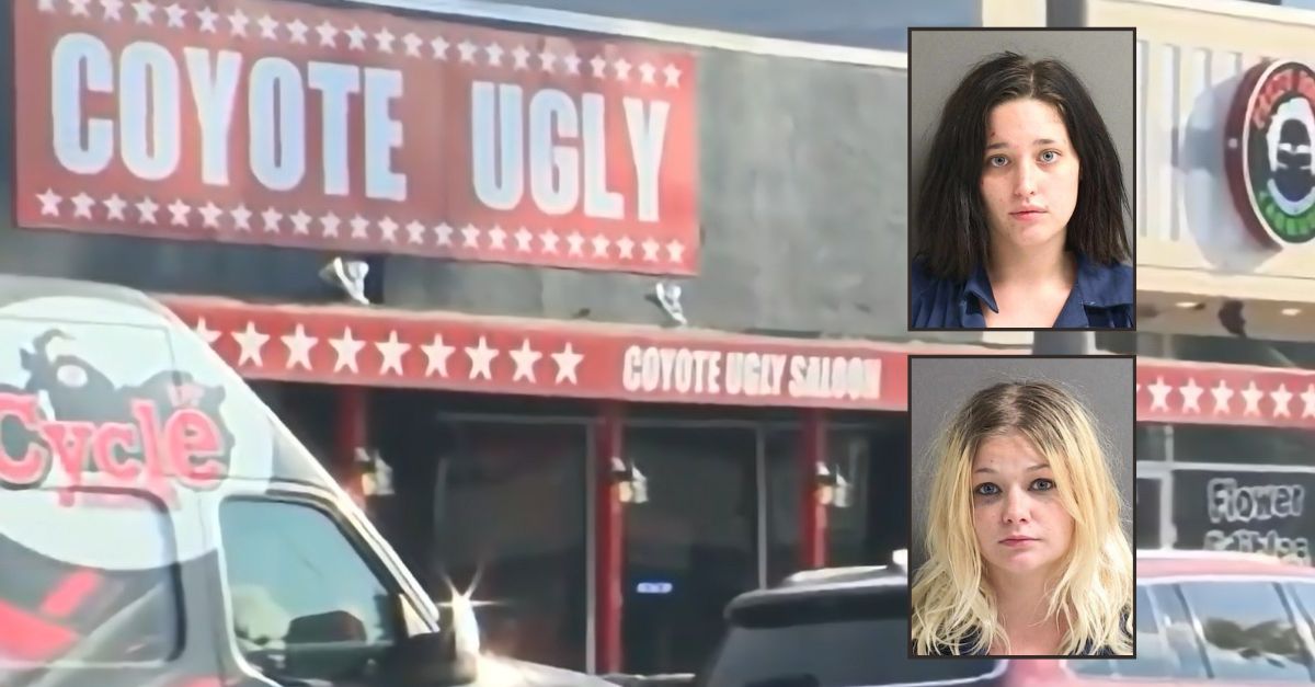 Background: Screengrab from NBC WESH YouTube of Coyote Ugly saloon in Daytona Beach, Florida. Inset top: Sierrah Newell mug shot; bottom: Brianna Lafoe mug shot; courtesy Volusia County Division of Corrections 