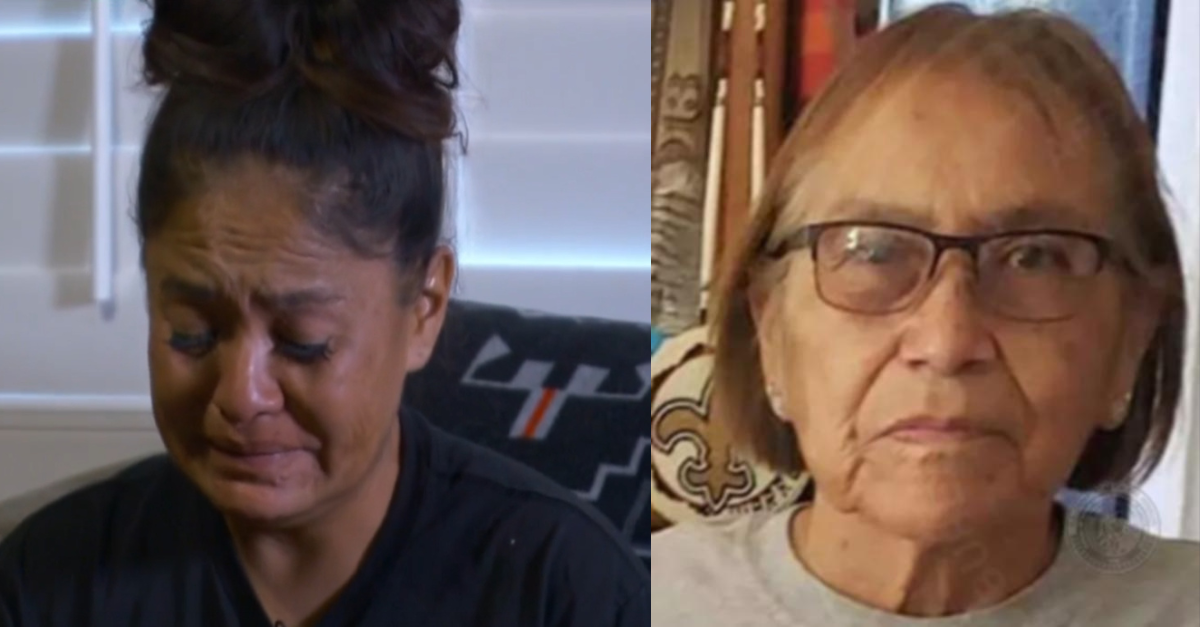 Seraphine Warren-Begay (left) once walked the country to get attention for her missing aunt, Ella Mae Begay. Now she's charged in a kidnapping. (Screenshot of a tearful Warren-Begay in a September 2021 interview with KSTU; image of Ella Mae Begay: FBI)