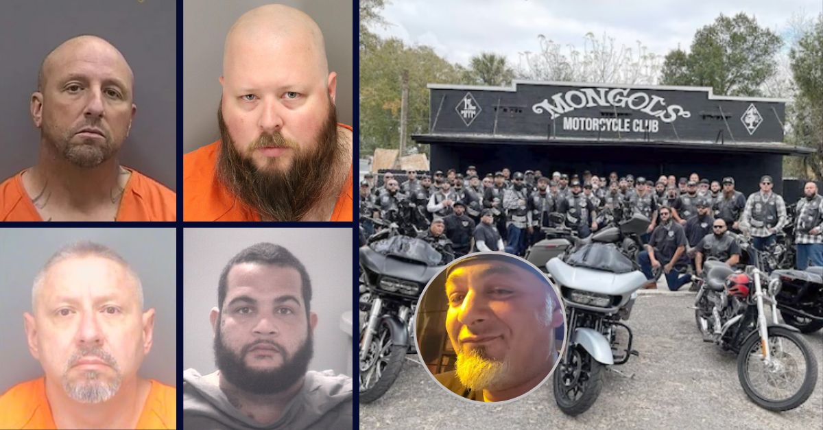 Reputed motorcycle gang members Vincent Romanino, top left; Dylan Pascale, top right; Paul Mogilevsky, bottom left; Joshualee Garcia, bottom right, and victim Dominick Paternoster, far right inset (Photos from Pinellas County Sheriff's Office; Garcia's mug shot from Pasco County)