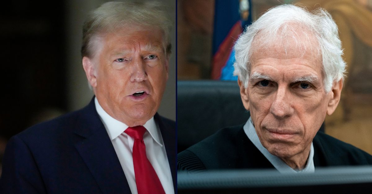 Left: Former President Donald Trump, speaks to reporters as he leaves the courtroom during a lunch break in his civil business fraud trial, Oct. 4, 2023, in New York. (AP Photo/Mary Altaffer, File) Right: Judge Arthur F. Engoron poses for a photo in the courtroom for the 4th day of Trump