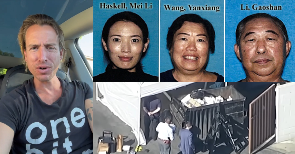 Authorities say Sam Haskell murdered his wife, Mei Li Haskell, her mother, Yanxiang Wang, and her father, Gaoshan Li. (Screenshot of Sam Haskell: his Tiktok account @tragicstreetz; Images of Mei Haskell and her parents: Los Angeles Police Department; screenshot of the dumpster where a person found a dismembered female torso: KABC)