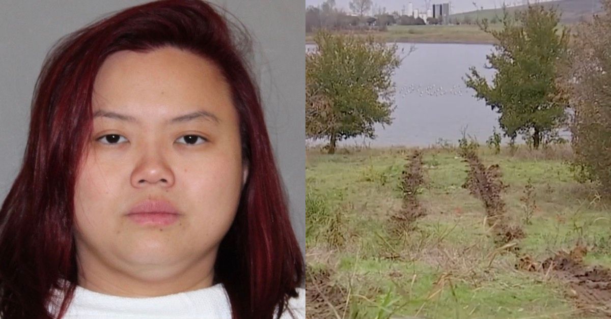 Wei Fen Ong (Carrollton Texas Police Department) and the tire tracks left from where Ong allegedly drove into the lake with her three kids in the car (KDFW screenshot)