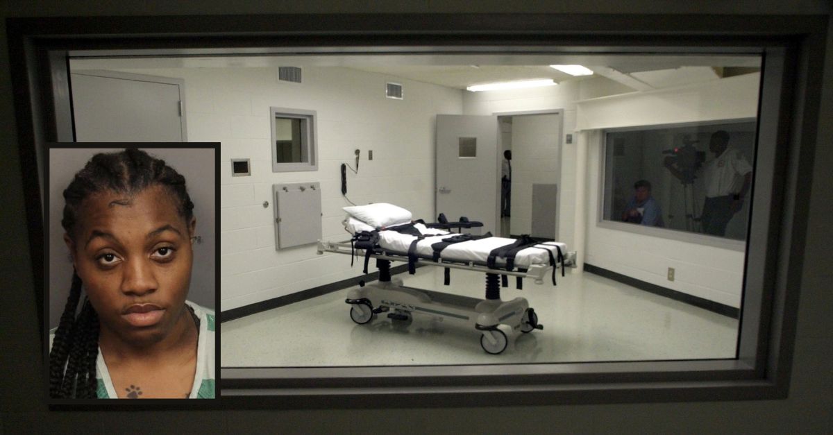 Background: Alabama's lethal injection chamber at the Holman Correctional Facility in Atmore, Ala., is pictured, Oct. 7, 2002. Alabama Gov. Kay Ivey said Friday, Feb. 24, 2023, that the state is ready to resume executions and “obtain justice” for victims' families after lethal injections were paused for three months for an internal review of the state's death penalty procedures. (AP Photo/Dave Martin, File)/Inset: Chelsie Jones booking photo from Jefferson County Sheriff's Office.