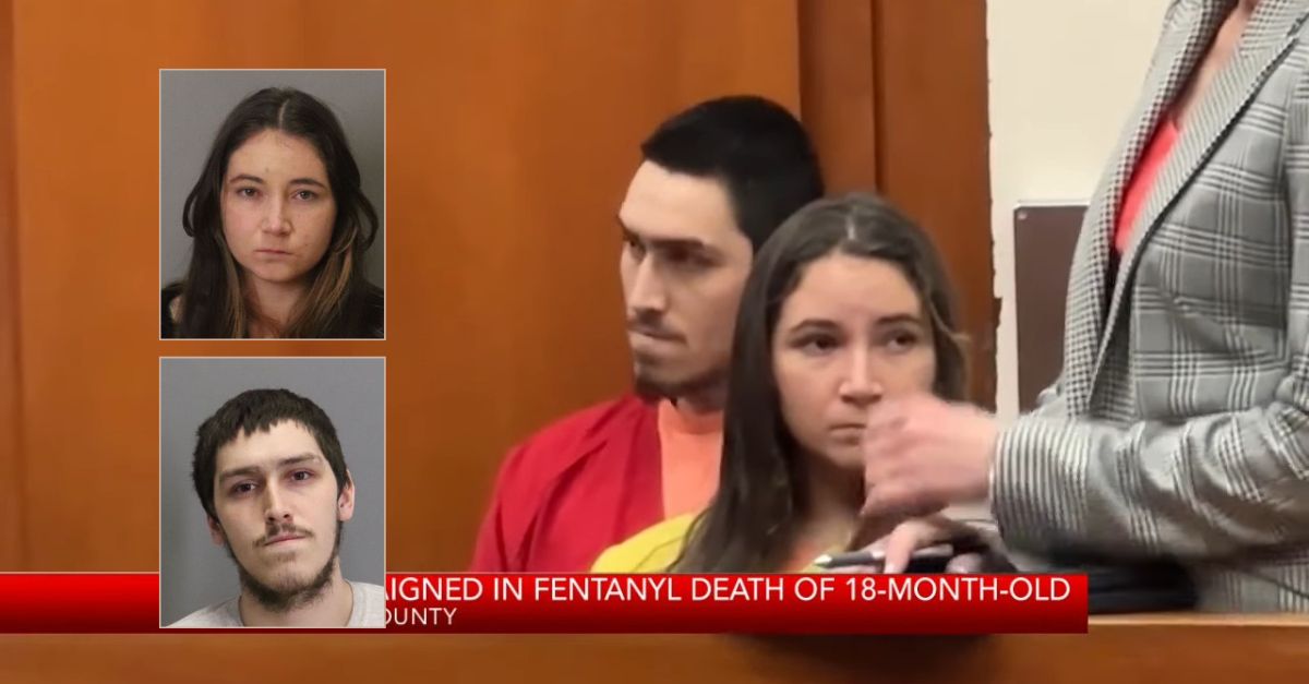 Derek Rayo and Kelly Richardson face murder charges in the fentanyl poisoning death of their infant daughter. (Courtroom screenshot from San Francisco