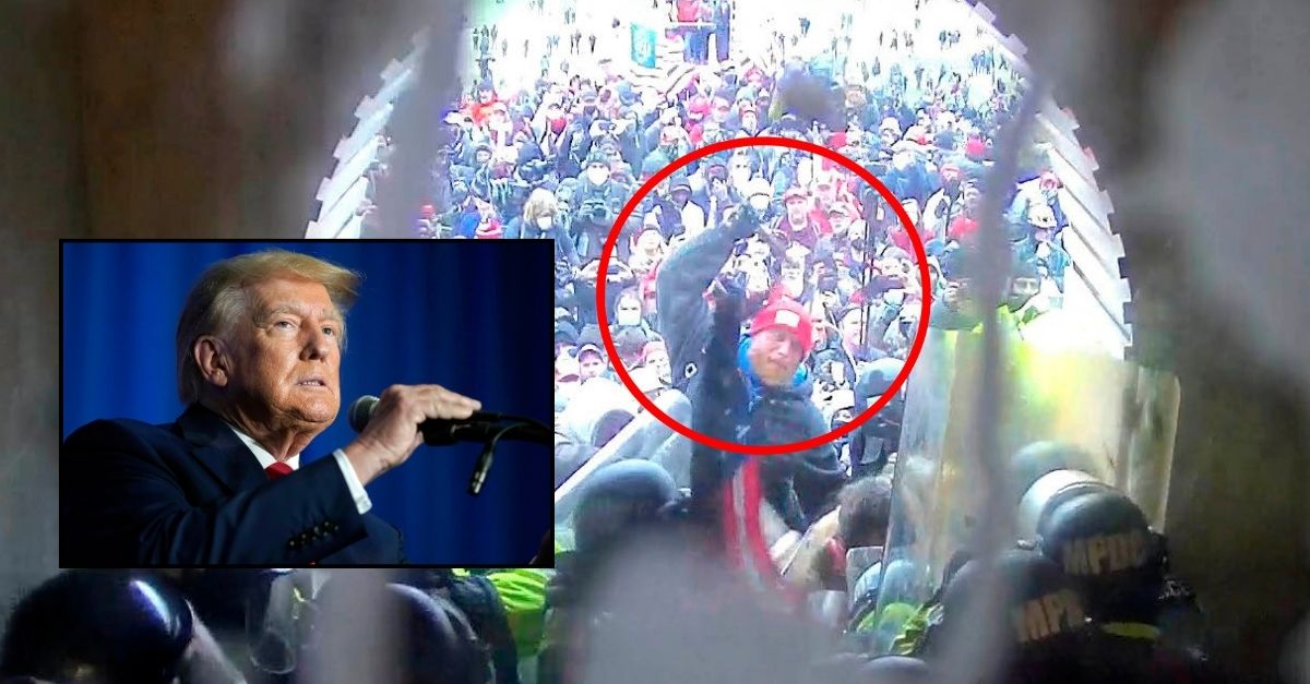 Background: In this image from U.S. Capitol Police security video, released and annotated by the Justice Department in the Statement of Facts supporting an arrest warrant, Shane Jenkins, circled in red, is seen holding an object near the Lower West Terrace tunnel at the U.S. Capitol on Jan. 6, 2021, in Washington. Jenkins, a Texas man who attacked the U.S. Capitol with a metal tomahawk and is now the face of a website selling merchandise portraying jailed rioters as “political prisoners”, was sentenced on Friday, Oct. 6, 2023, to seven years behind bars. (Justice Department via AP)/ Inset: Former President Donald Trump speaks at the New Hampshire Federation of Republican Women Lilac Luncheon, June 27, 2023, in Concord, N.H. Trump is already laying a sweeping set of policy goals should he win a second term as president. Priorities on the Republican