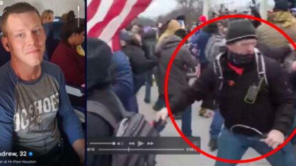 Left: Andrew Taake. Right: Taake seen holding a whip during a confrontation at the U.S. Capitol on Jan. 6, 2021 (via FBI court filing).