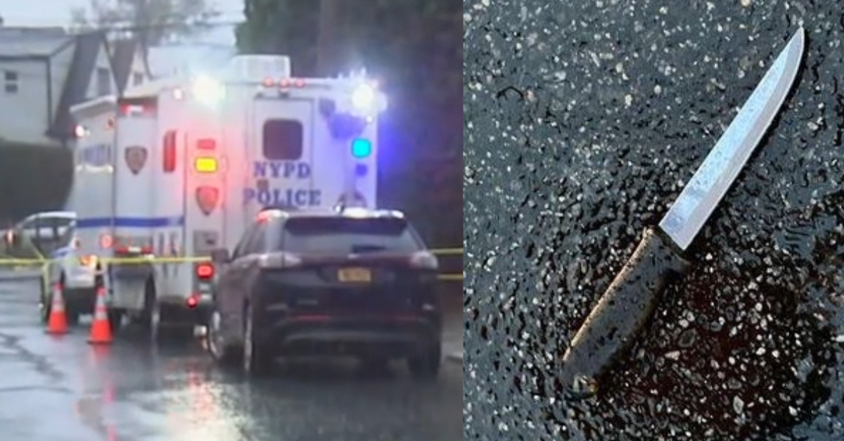 Courtney Gordon stabbed five people, killing four, before he attacked two responding officers, according to the New York Police Department (Screenshot of police vehicles: WABC; image of knife: NYPD)