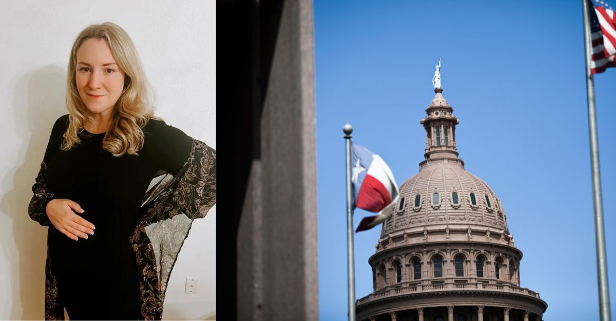 Left, Kate Cox. Photo courtesy Center for Reproductive Services./ Right: The Texas State Capitol building can be seen between the Texas flag and the flag of the United States in Austin, Texas on March 24, 2023. (Photo by Reginald Mathalone/NurPhoto via AP)