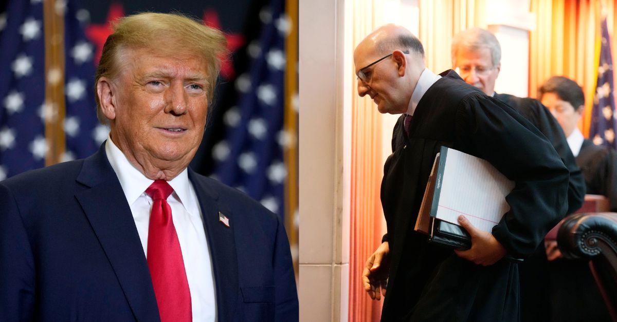 Left: Former President Donald Trump speaks during a commit to caucus rally, Dec. 19, 2023, in Waterloo, Iowa. AP Photo/Charlie Neibergall./ Right: Colorado Supreme Court Justice Carlos Samour, Jr., leads out Justices Richard L. Gabriel and Monica M. Marquez after a hearing on Wednesday, Dec. 6, 2023, in Denver. AP Photo/David Zalubowski.