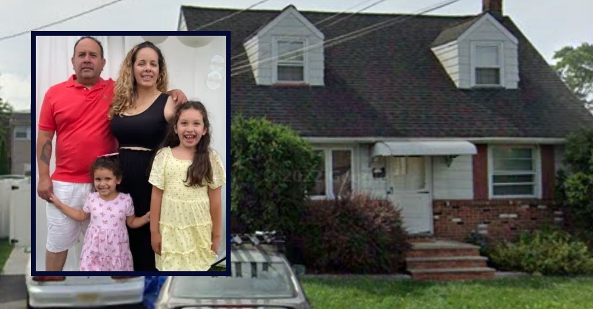 The Alarcon family appears inset, on the left, against an image of their home in New Jersey