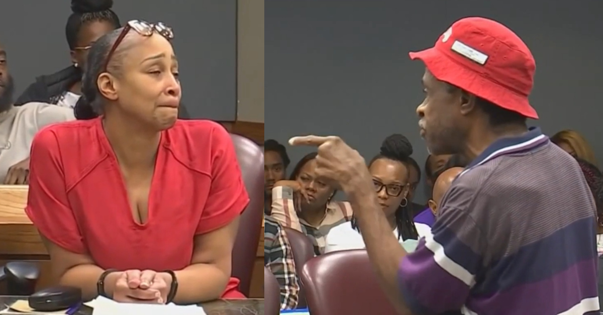 Atoya Holmes in court on Jan. 12, 2024, as a cousin of Verdell Goins calls her out. (Screenshots: WTVJ)