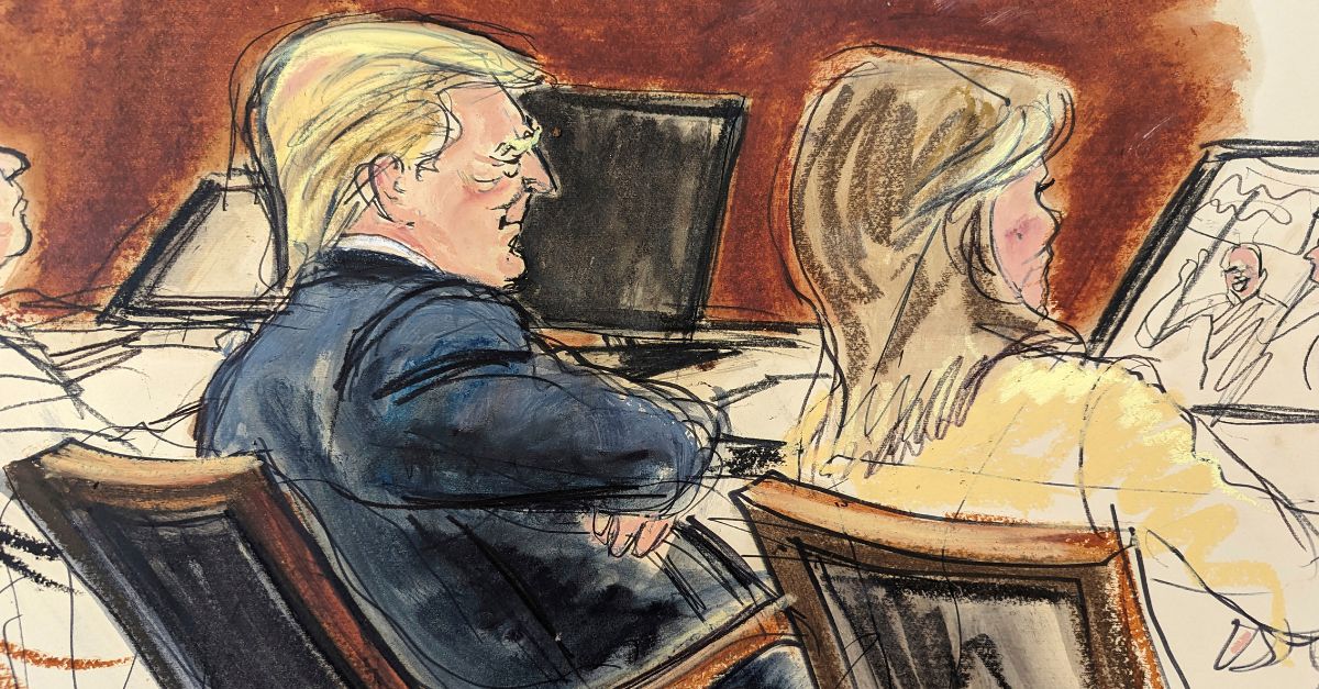 In this courtroom sketch, Donald Trump sits with arms folded beside his attorney, Alina Habba in Federal Court, in New York, Wednesday, Jan. 17, 2024. Trump was threatened with expulsion from his Manhattan civil trial Wednesday after he repeatedly ignored a warning to keep quiet while writer E. Jean Carroll testified that he shattered her reputation after she accused him of sexual abuse. (AP Photo/Elizabeth Williams)