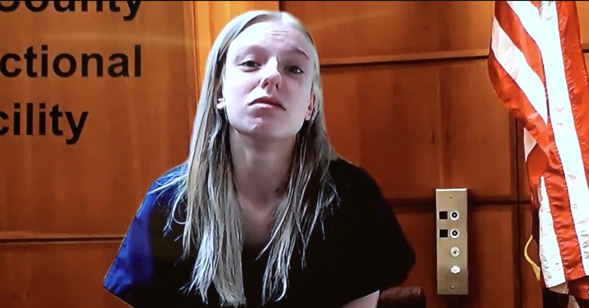Olivia Miller appearing for her arraignment (WZZM:YouTube screenshot)