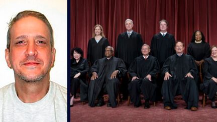 Richard Glossip, on the left; the nine justices of the U.S. Supreme Court, on the right.