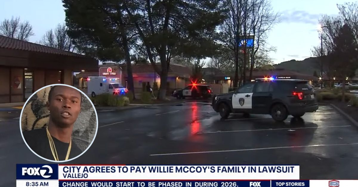The family of Willie McCoy, inset, shot by police in California, reached a $5 million settlement stemming from a wrongful death lawsuit. (Screenshots from Bay Area Fox affiliate KTVU)