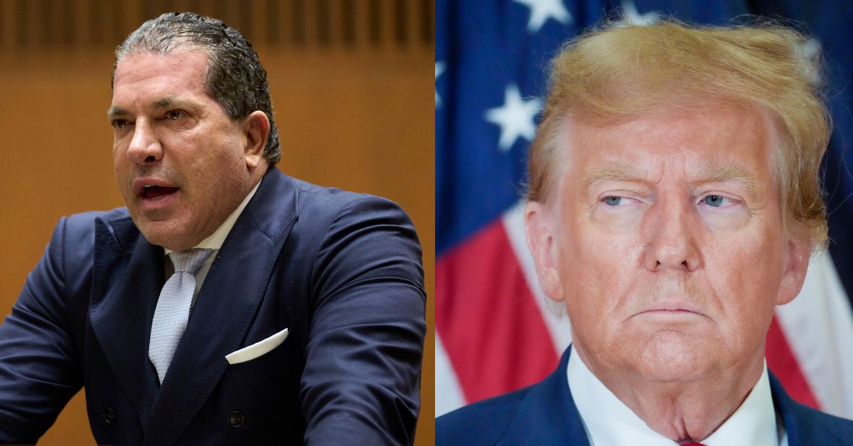 Left: Attorney Joe Tacopina, questions a witness on behalf of Rakim Mayers aka A$AP Rocky in November 2023. (Allison Dinner/EPA via AP, Pool)./Right: Donald Trump at a news conference in New York on Jan. 11, 2024. (AP Photo/Mary Altaffer, File).